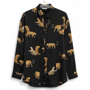 Mazik Women's SMALL Leopard Print‎ Button Down Long Sleeve Blouse Top